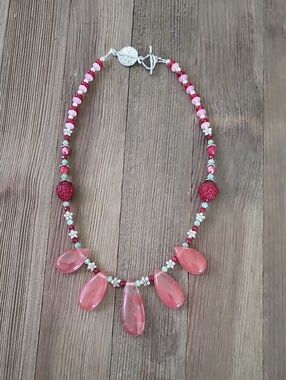 Whimsical Pink Cherry Quartz Teardrop/Strawberry Necklace